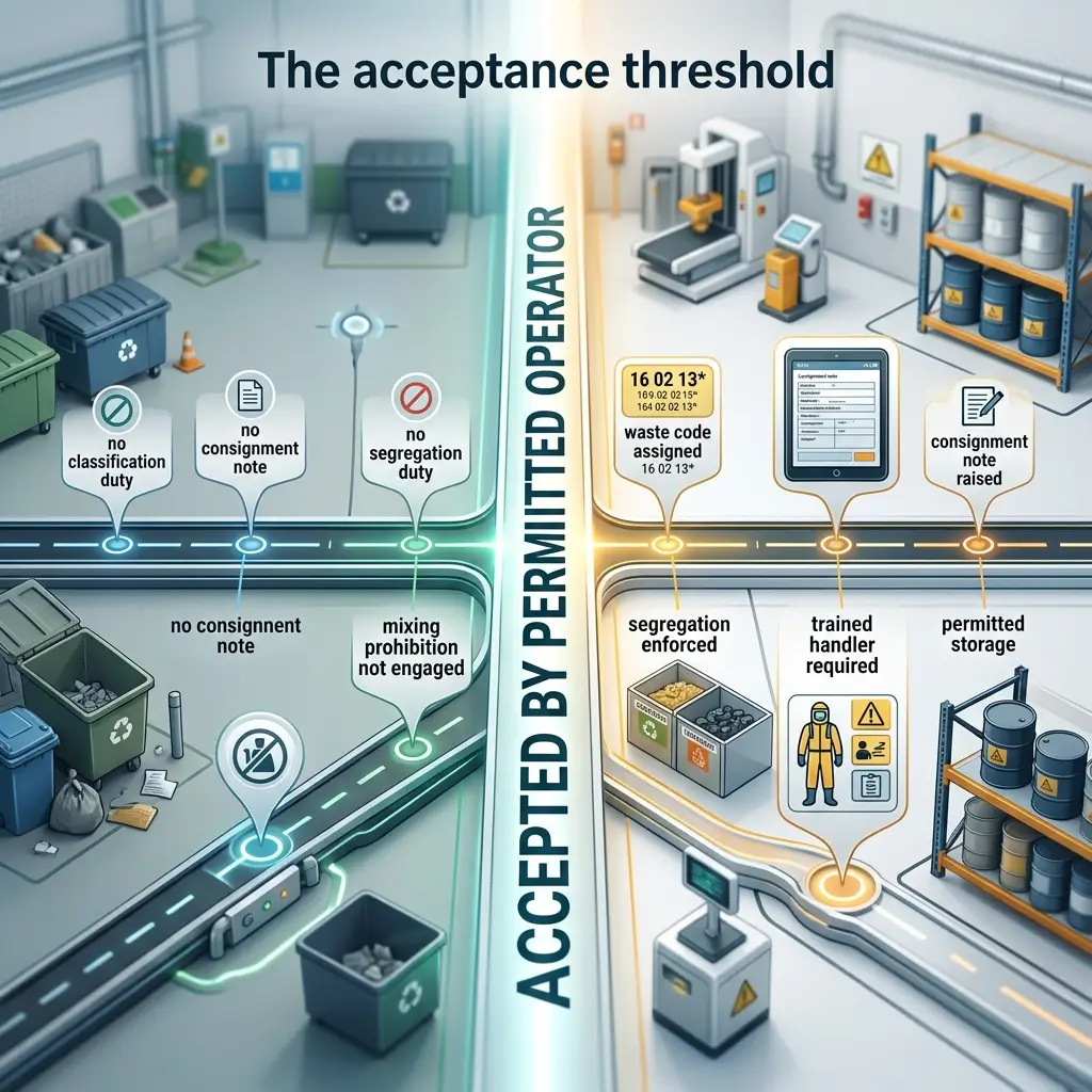 Infographic showing waste management acceptance thresholds, comparing limited operator requirements on left side with permitted operator requirements on right side, illustrating regulatory compliance levels.