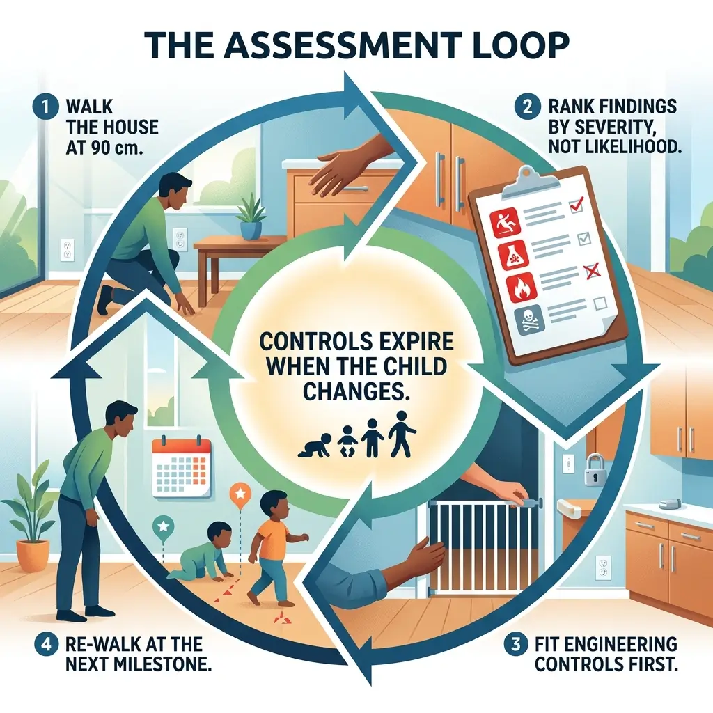Circular diagram showing the assessment loop for home safety: walk the house at 90cm, rank findings by severity, fit engineering controls first, and re-walk at the next child developmental milestone.