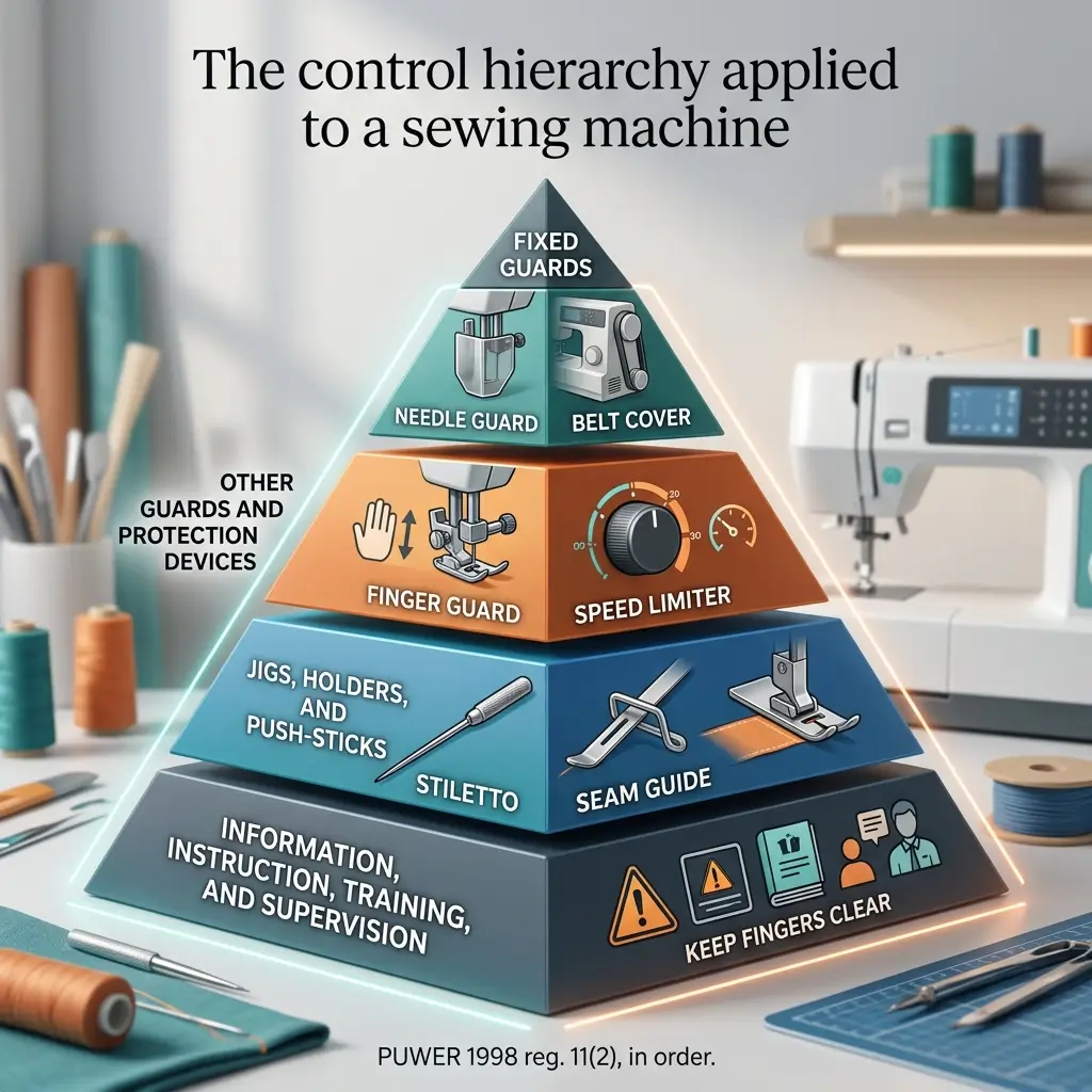 Pyramid diagram showing sewing machine safety hierarchy with five levels: fixed guards at top, finger guard and speed limiter in middle sections, jigs and guides below, and information/training at base, displayed on a crafting workspace.