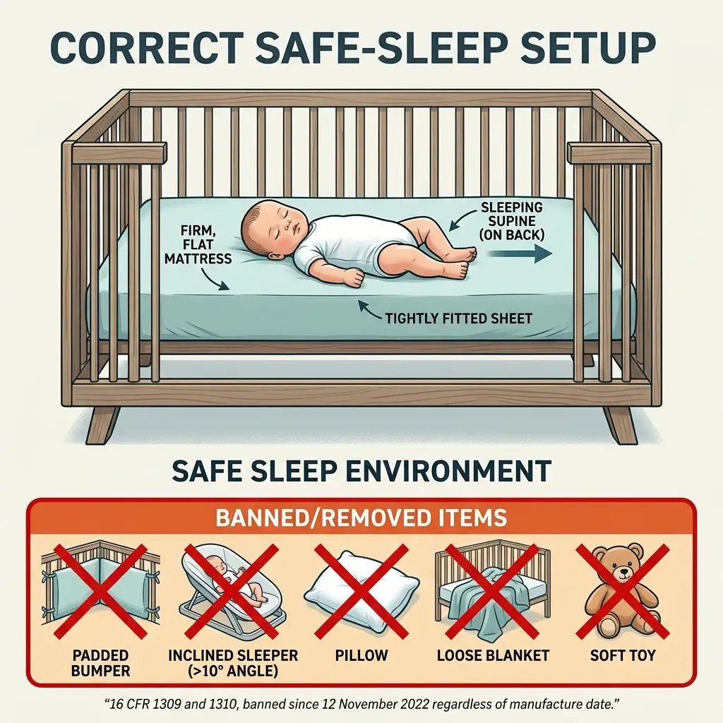 Diagram showing correct safe sleep setup for infants in a crib with firm mattress and fitted sheet, baby sleeping on back, and list of banned items including bumpers, pillows, blankets and toys.