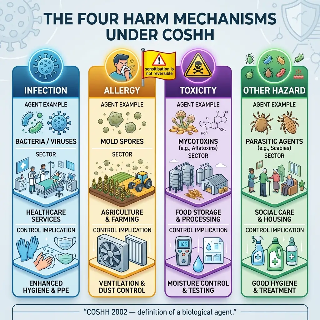 Infographic showing the four biological harm mechanisms under COSHH: Infection, Allergy, Toxicity, and Other Hazard, with examples, affected sectors, and control measures for each category.