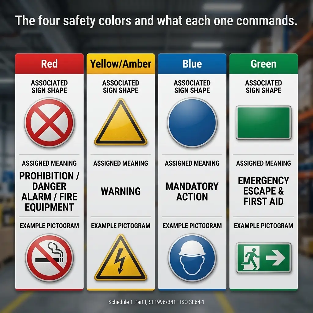 Four safety color codes displayed with associated sign shapes, meanings, and pictogram examples: red prohibition, yellow warning, blue mandatory action, and green emergency escape and first aid.