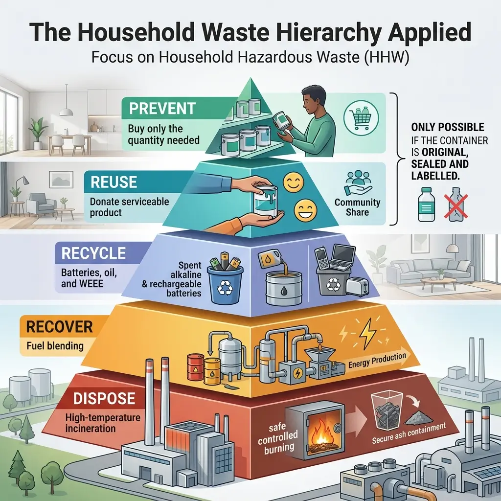 Pyramid diagram illustrating the household waste hierarchy for hazardous waste management, showing prevention, reuse, recycling, recovery, and disposal methods with illustrated examples and facilities.
