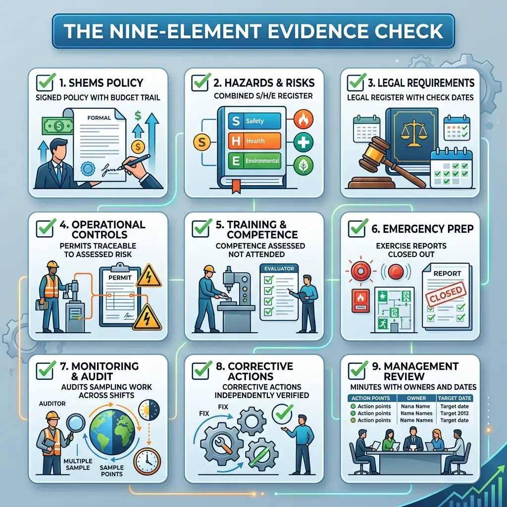 Infographic showing nine elements of a health and safety evidence check system, including SHEMS policy, hazards and risks register, legal requirements, operational controls, training, emergency preparedness, monitoring, corrective actions, and management review.