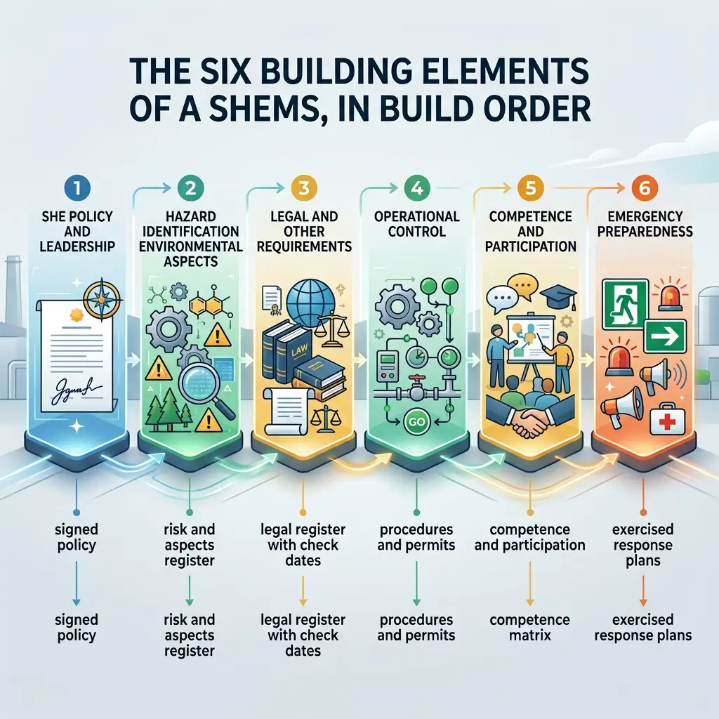Infographic showing six sequential building elements of a Safety Health and Environmental Management System in numbered blocks with icons, outcomes, and implementation steps displayed below each element.