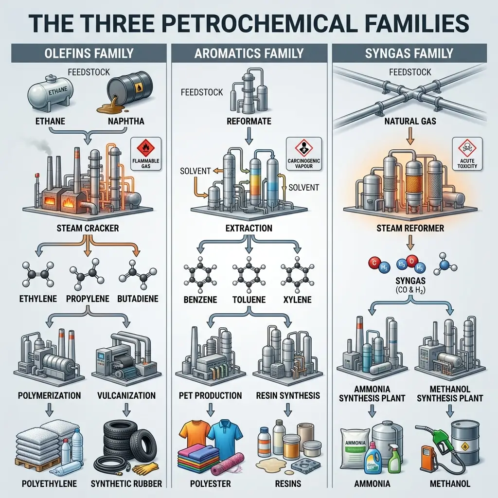 Infographic showing three petrochemical families—olefins, aromatics, and syngas—with their feedstocks, processing methods, and end products including plastics, rubber, textiles, and chemicals.