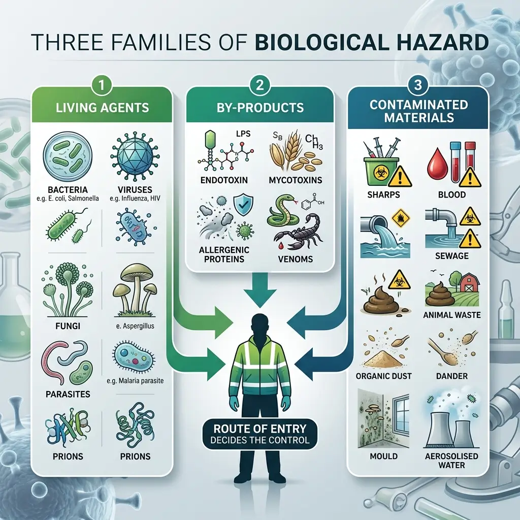 Infographic showing three families of biological hazards: living agents like bacteria and viruses, by-products including endotoxins and mycotoxins, and contaminated materials such as blood and sewage, all affecting a worker in safety gear.