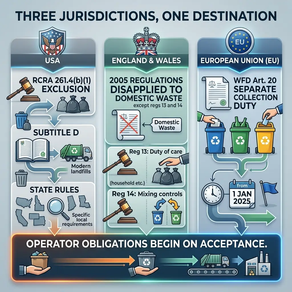 Infographic comparing waste management regulations across USA, England & Wales, and European Union, showing different legal frameworks and operator obligations for waste collection and disposal.