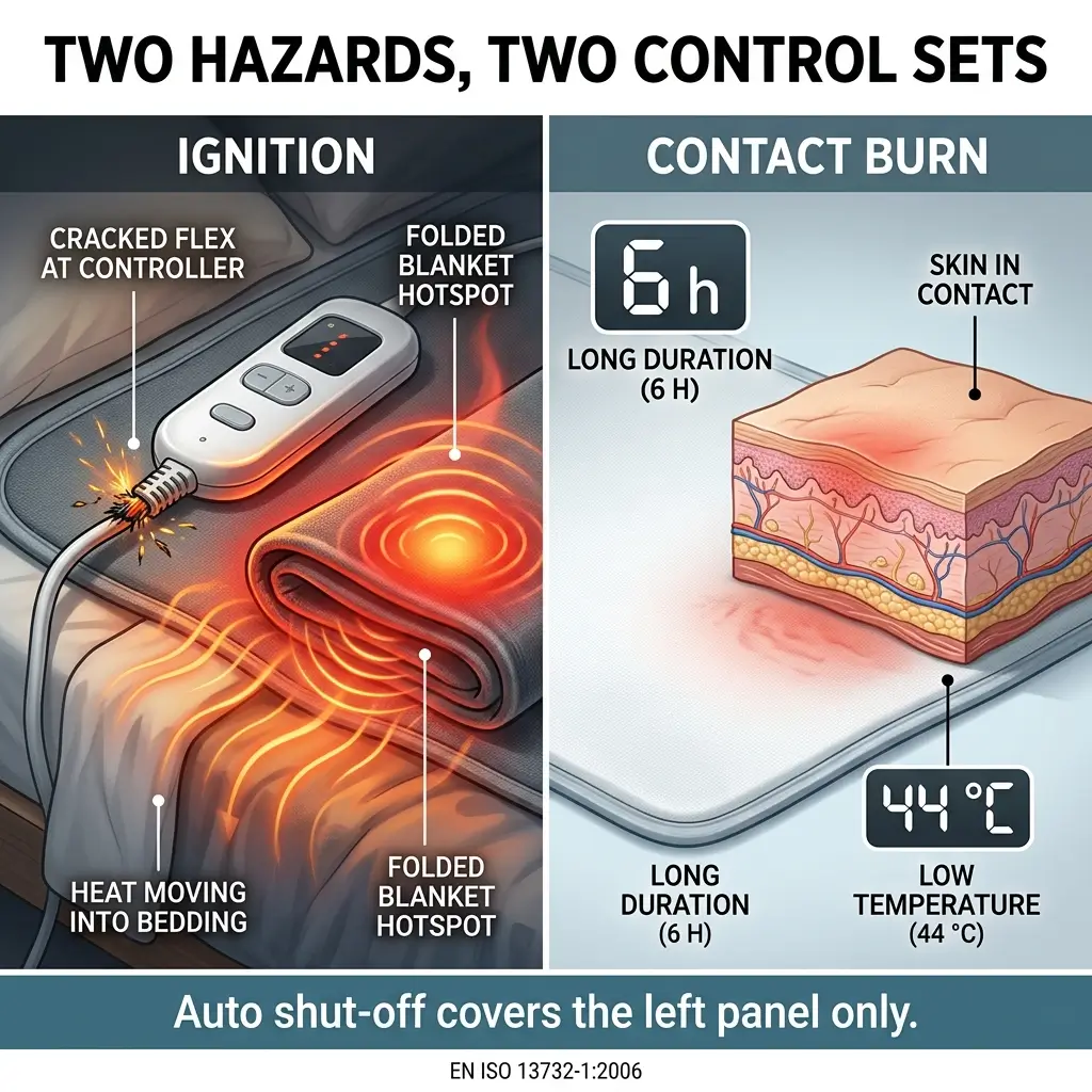 Infographic showing two fire hazards from electric blankets and their control measures: ignition risks from cracked controllers and folded hotspots, and contact burn risks from prolonged skin exposure at 44°C.