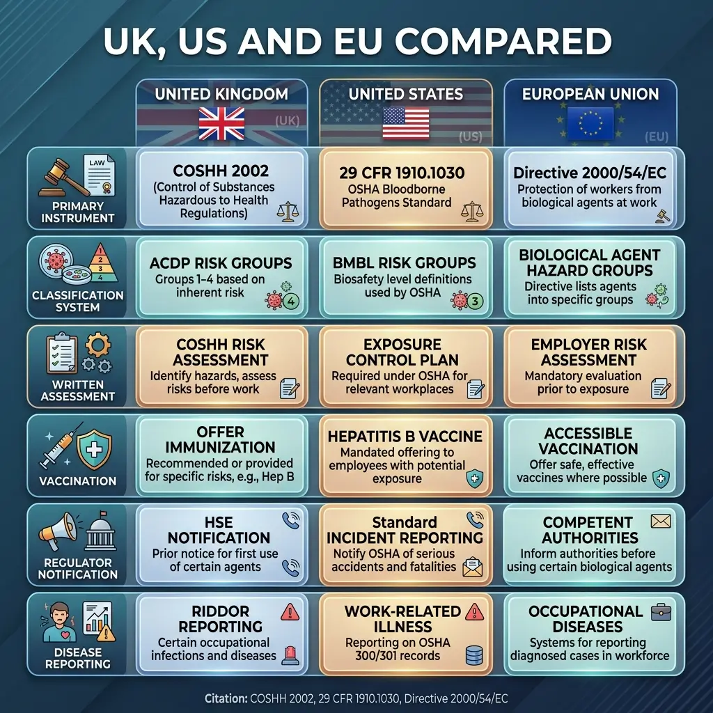 Comparison chart of occupational health and safety regulations for biological agents across UK, US, and EU, showing primary instruments, classification systems, assessments, vaccinations, notifications, and disease reporting requirements.