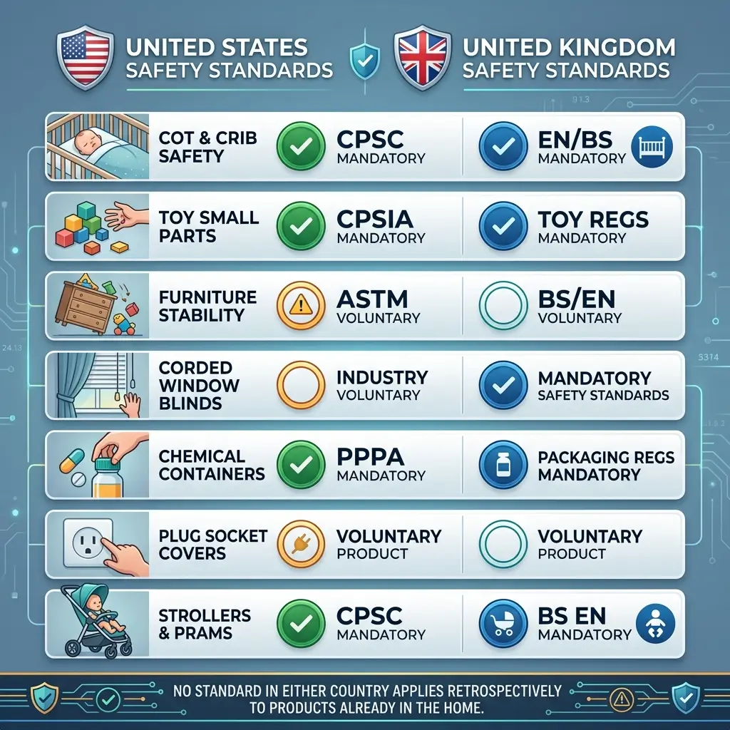 Comparison chart of US and UK child product safety standards showing mandatory and voluntary regulations for cots, toys, furniture, window blinds, chemicals, plug covers, and strollers.