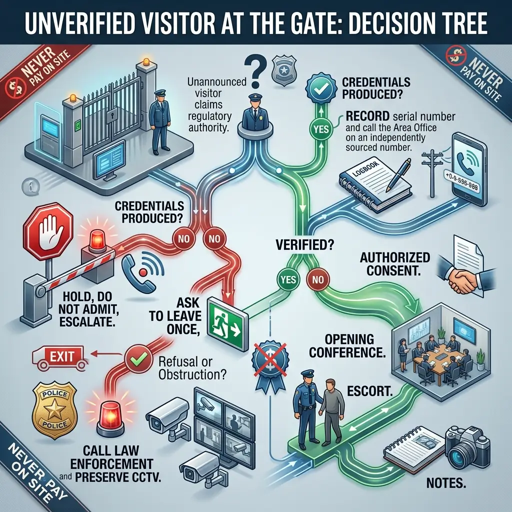 Flowchart decision tree for security personnel handling unverified visitors at a gate, showing credential verification steps, verification outcomes, and appropriate responses including escalation to law enforcement or visitor authorization.