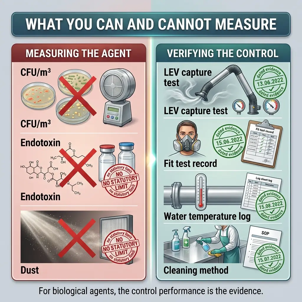 Infographic showing what can and cannot be measured when testing biological agents, comparing measurable controls like LEV capture tests and fit test records against non-measurable factors like CFU, endotoxin, and dust.