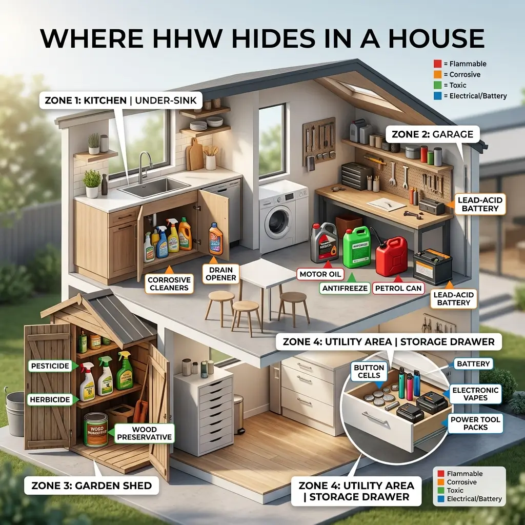 Infographic showing where household hazardous waste hides in a house, with four zones color-coded by hazard type: kitchen under-sink cleaners, garage batteries and motor oil, garden shed pesticides, and utility drawer electronics and button cells.