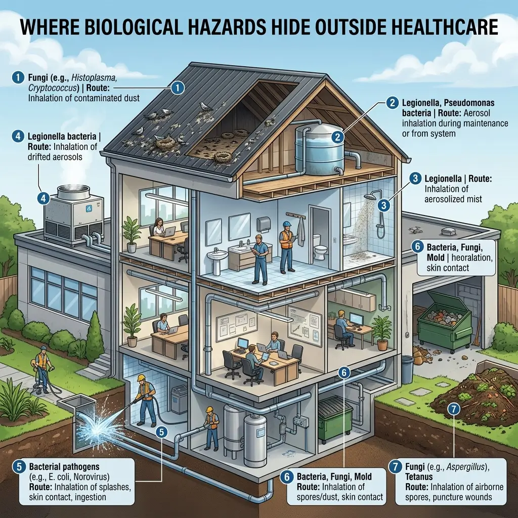 Illustrated cross-section of a house showing seven labeled biological hazards including fungi, legionella bacteria, and mold found in roofs, HVAC systems, bathrooms, basements, and outdoor areas with their transmission routes.