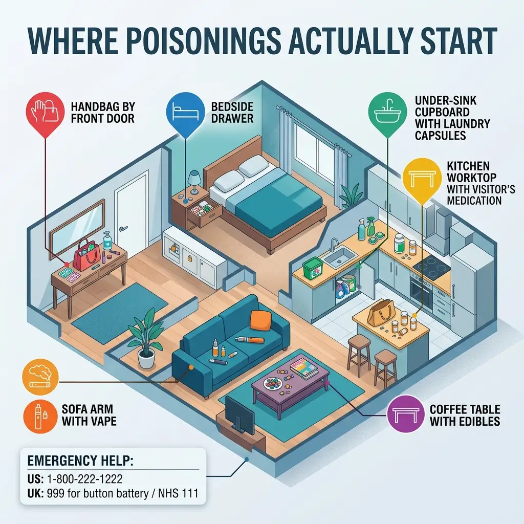 Isometric home illustration showing common household locations where poisonings occur, including handbag by front door, bedside drawer, under-sink cupboard, kitchen worktop, sofa arm, and coffee table, with emergency contact numbers.