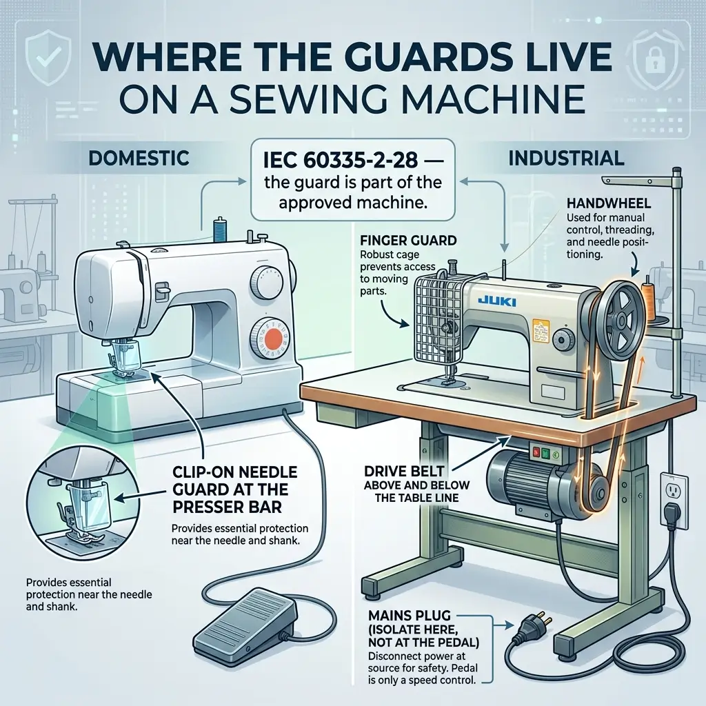 Infographic showing guard locations on domestic and industrial sewing machines, including finger guards, needle guards at presser bars, handwheels, and drive belts, with safety standards reference IEC 60335-2-28.