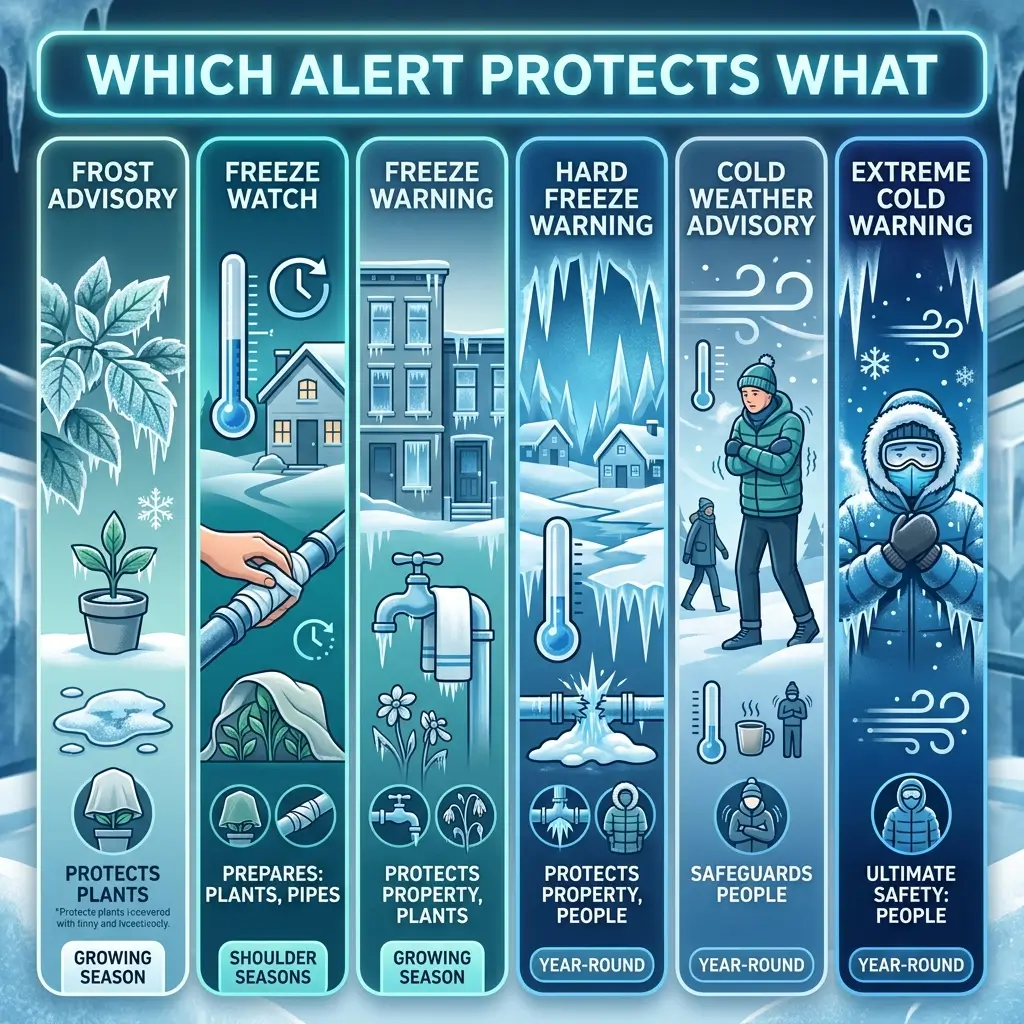 Infographic showing six winter weather alerts from Frost Advisory to Extreme Cold Warning, each displaying protection targets, seasonal timing, and relevant icons for plants, pipes, property, and people safety.