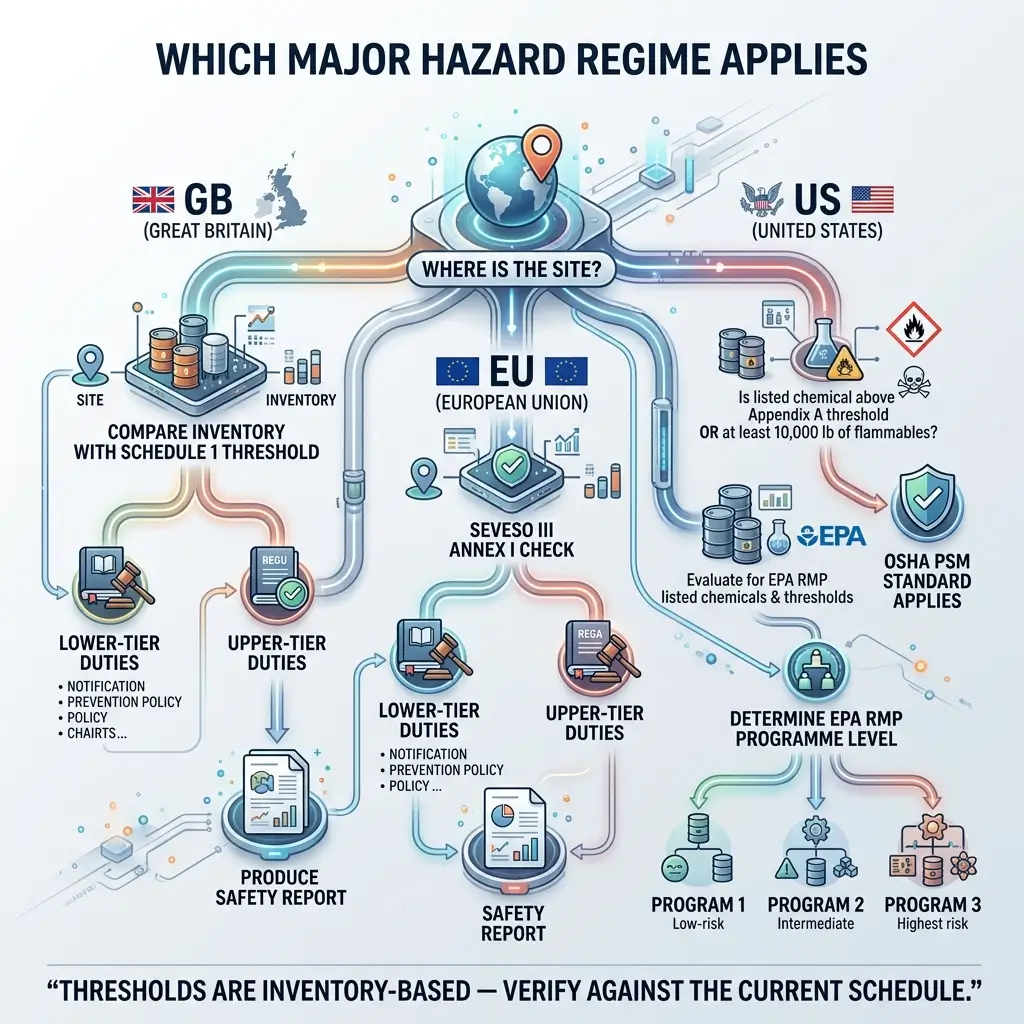 Flowchart showing decision tree for determining major hazard regime applicability across GB, US, and EU based on site inventory thresholds and chemical classifications.