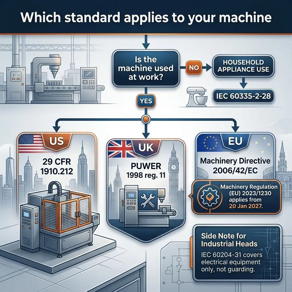 Flowchart showing which safety standards apply to machines based on workplace use, with branches for household appliances and regional regulations in the US, UK, and EU.