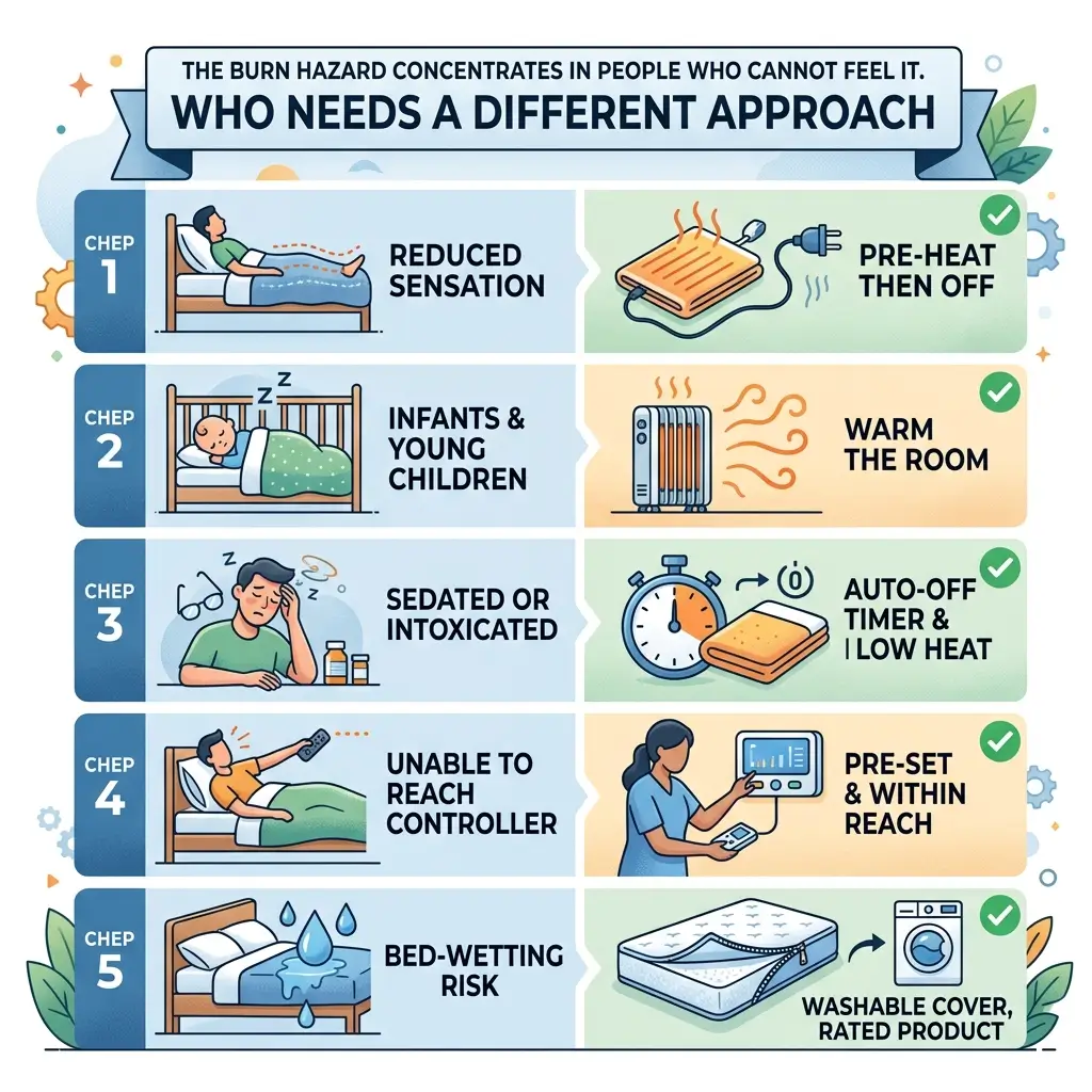 Infographic showing five safety approaches for heating pad use in people with reduced sensation, including pre-heating, room warming, auto-off timers, accessible controls, and washable covers.
