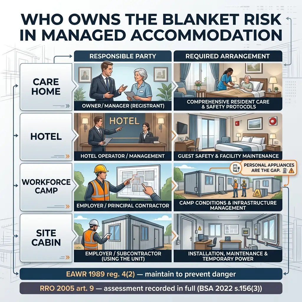 Chart showing responsibility allocation for blanket risk in managed accommodation types including care homes, hotels, workforce camps, and site cabins, with responsible parties and required safety arrangements outlined.
