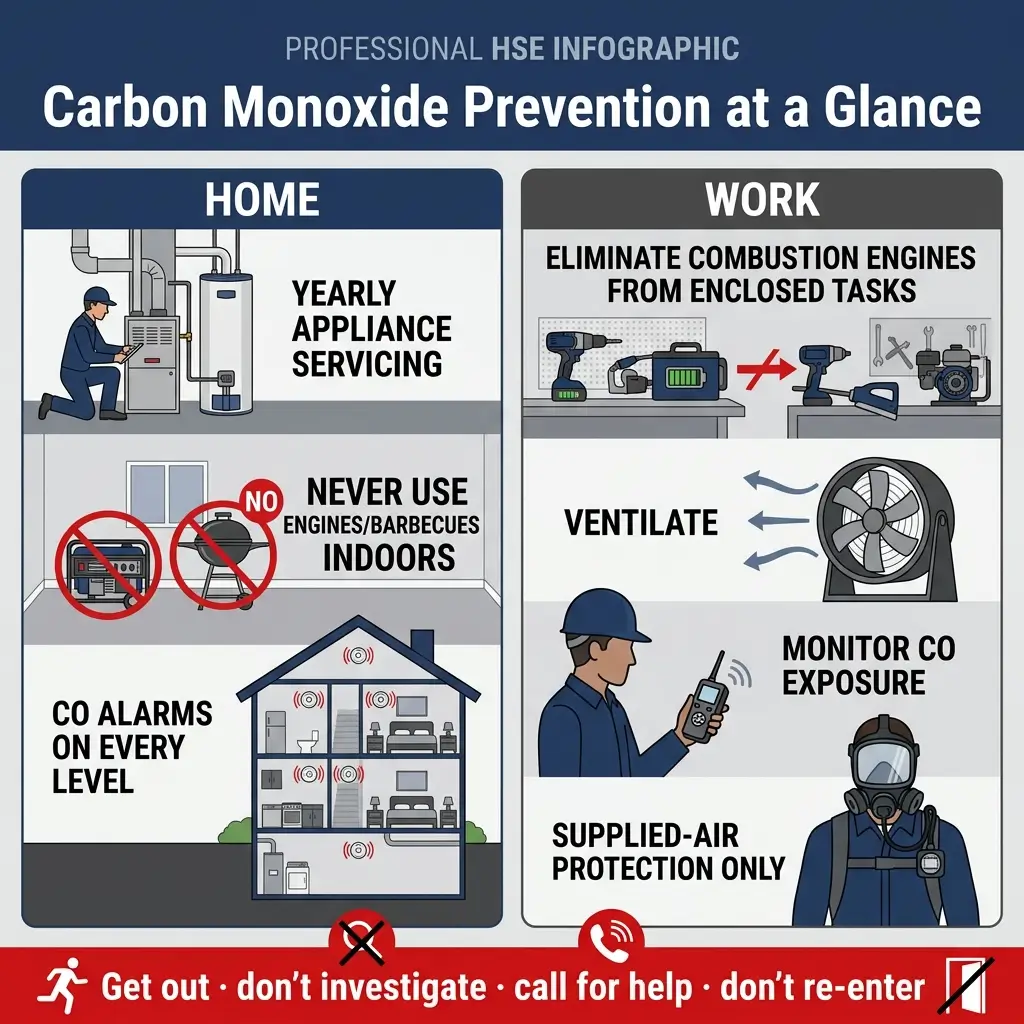 Professional HSE infographic showing carbon monoxide prevention measures for home and workplace, including appliance servicing, alarm placement, engine elimination, ventilation, and emergency response procedures.