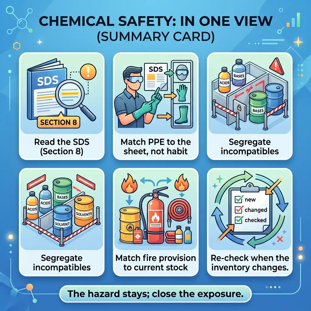 Infographic displaying six key chemical safety practices: reading SDS Section 8, matching PPE to hazards, segregating incompatible chemicals, organizing fire safety equipment, and rechecking inventory when changes occur.