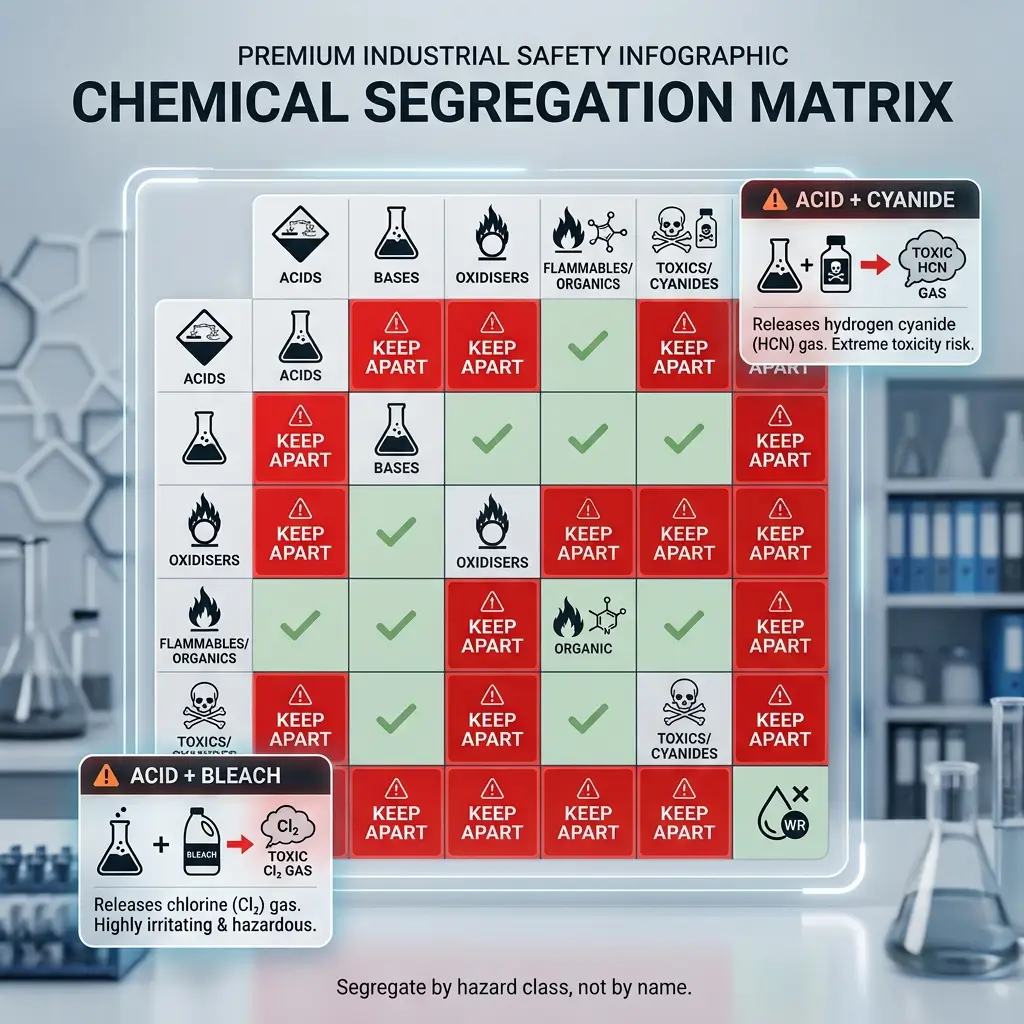 Chemical segregation safety matrix showing which hazardous materials must be kept apart, including acids, bases, oxidizers, flammables, and toxics, with warning examples for acid-bleach and acid-cyanide combinations.