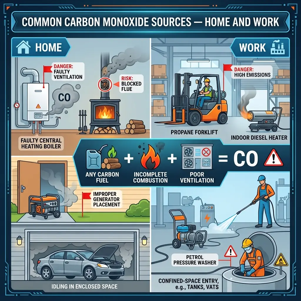 Infographic showing common carbon monoxide sources at home and work, including faulty boilers, fireplaces, generators, cars in garages, forklifts, heaters, pressure washers, and confined spaces, with warnings about incomplete combustion and poor ventilation.