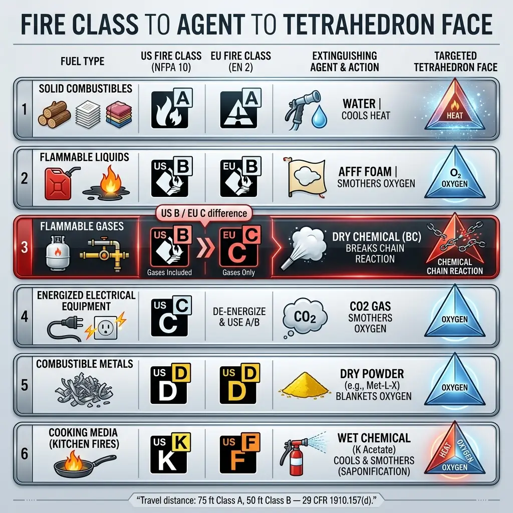 Comprehensive chart mapping six fire classes to their extinguishing agents and tetrahedron face targets, showing US and EU fire classification standards with visual icons and safety guidelines.
