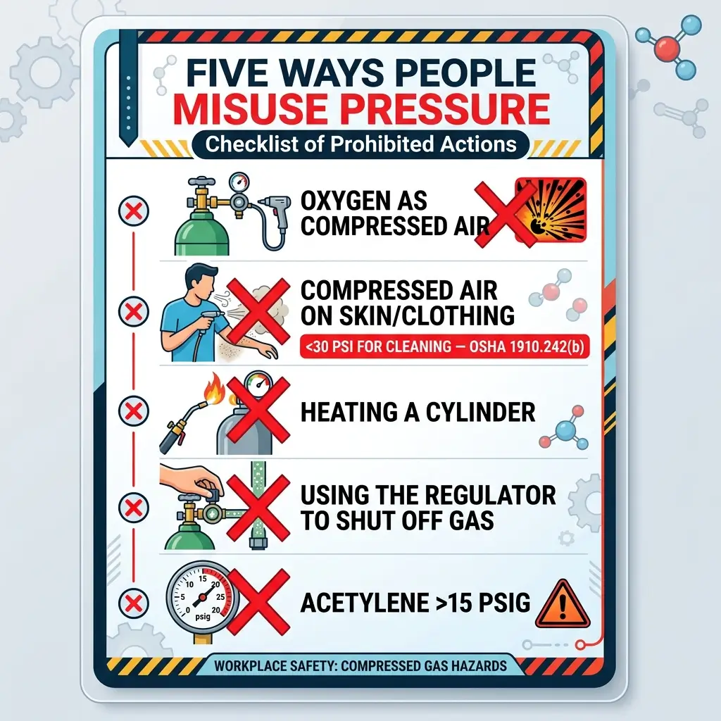 Safety checklist illustrating five prohibited misuses of compressed gas pressure in workplace settings, including oxygen as compressed air, applying pressure to skin, heating cylinders, using regulators incorrectly, and acetylene pressure limits.