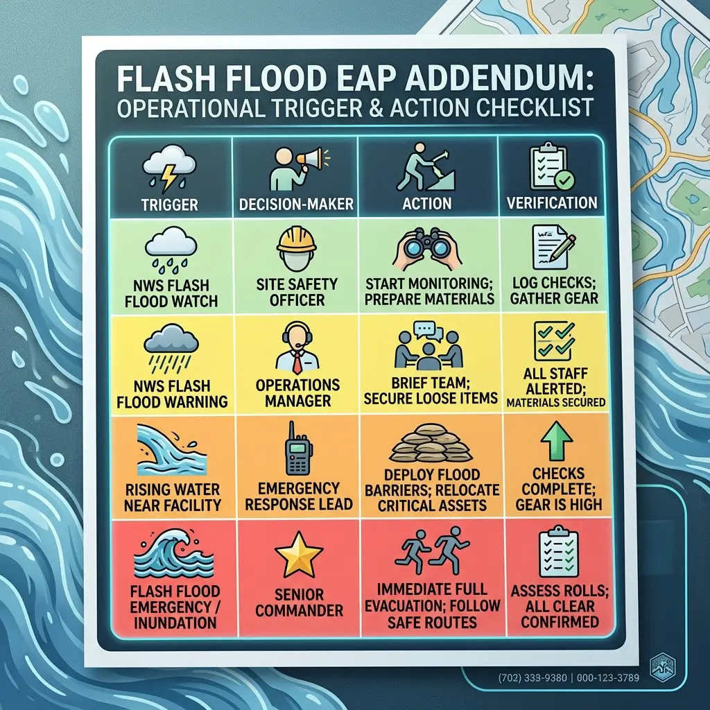 Flash flood emergency action plan checklist showing five escalation levels with triggers, decision-makers, actions, and verification steps for facility safety and evacuation procedures.
