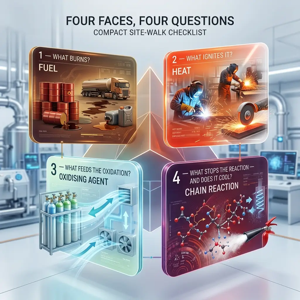 Infographic showing the four elements of combustion: fuel (oil barrels and truck), heat (welding sparks), oxidizing agent (oxygen cylinders), and chain reaction (molecular diagram with fire extinguisher), each labeled with numbered panels in an industrial setting.