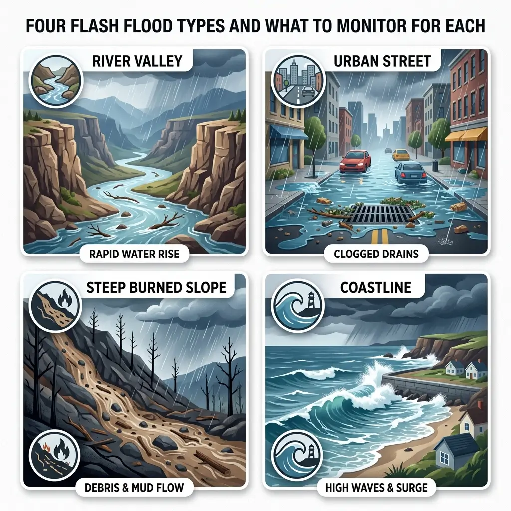 Infographic showing four types of flash floods with illustrations: river valley rapid water rise, urban street clogged drains, steep burned slope debris flow, and coastline high waves and surge, each with monitoring guidance.