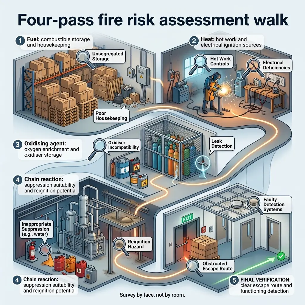 Illustrated guide showing four-pass fire risk assessment walk covering fuel storage, heat and electrical ignition sources, oxidizing agents, and suppression systems in industrial and warehouse settings.
