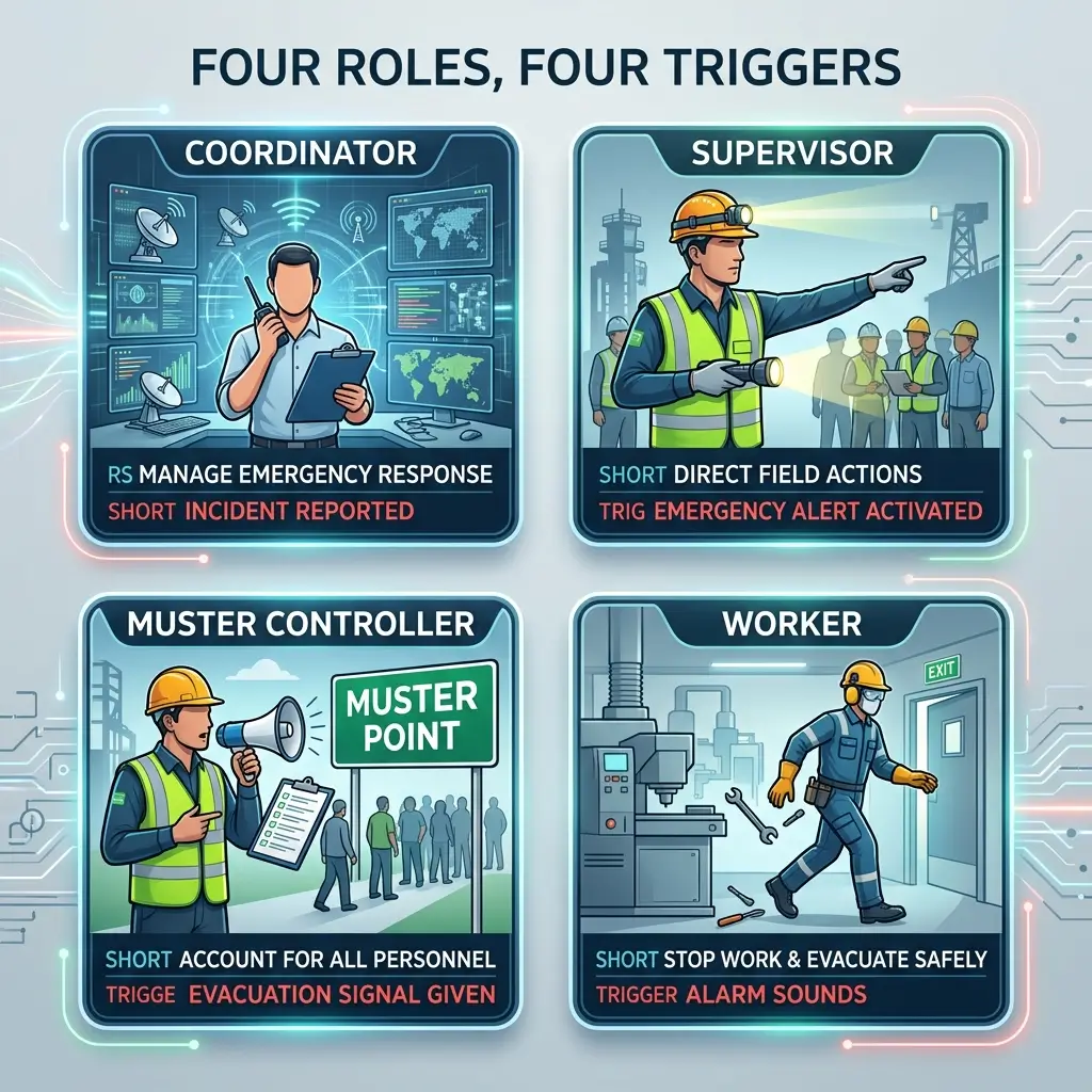 Infographic showing four emergency response roles with their responsibilities and activation triggers: Coordinator manages incident response, Supervisor directs field actions, Muster Controller accounts for personnel, and Worker evacuates safely.