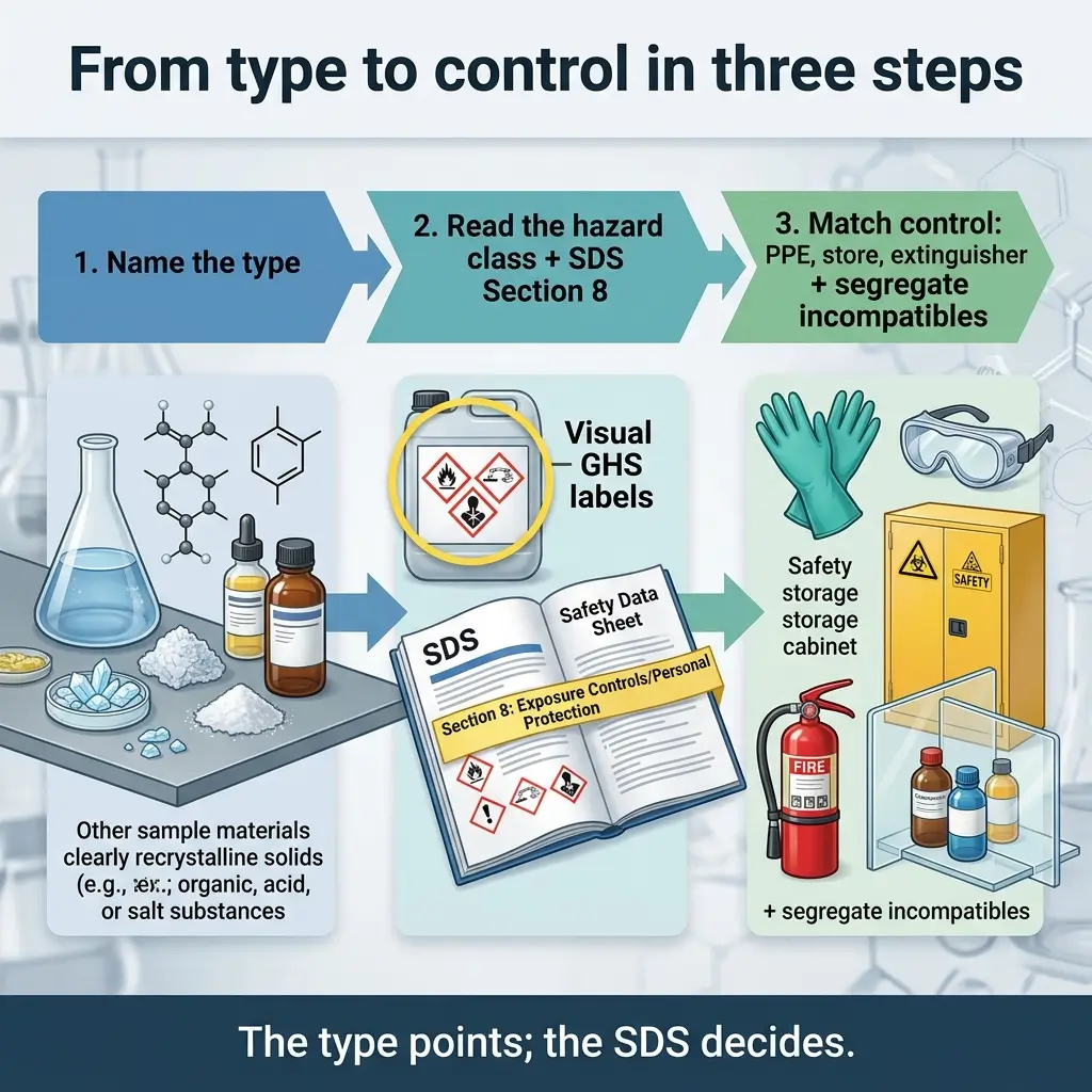 Three-step process for chemical safety: identify the substance type, consult the Safety Data Sheet Section 8 for hazard classification, then select appropriate personal protective equipment, storage containers, and fire extinguishers while segregating incompatible materials.