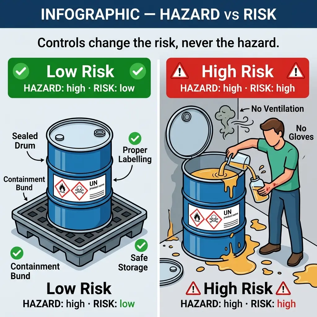 Infographic comparing hazard versus risk in chemical safety, showing low-risk properly contained drum versus high-risk uncontrolled spill without protective equipment.