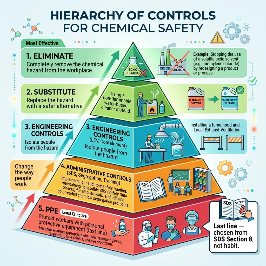 Pyramid diagram showing the hierarchy of controls for chemical safety, from most effective elimination at top to least effective personal protective equipment at bottom, with examples and illustrations for each level.