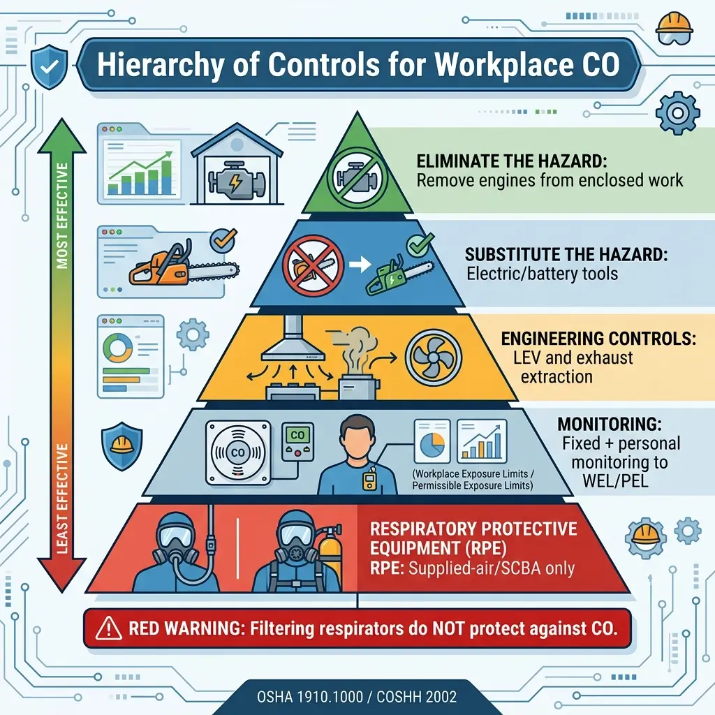 Hierarchical pyramid diagram showing workplace carbon monoxide safety controls from most to least effective: elimination, substitution, engineering controls, monitoring, and respiratory protection, with warning that filtering respirators do not protect against CO.