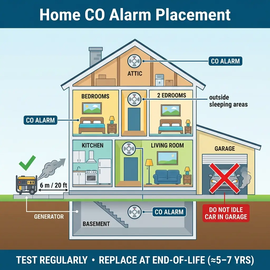 Infographic showing proper CO alarm placement throughout a home, including bedrooms, kitchen, living room, basement, and attic, with guidelines to keep generators and cars outside to prevent carbon monoxide poisoning.