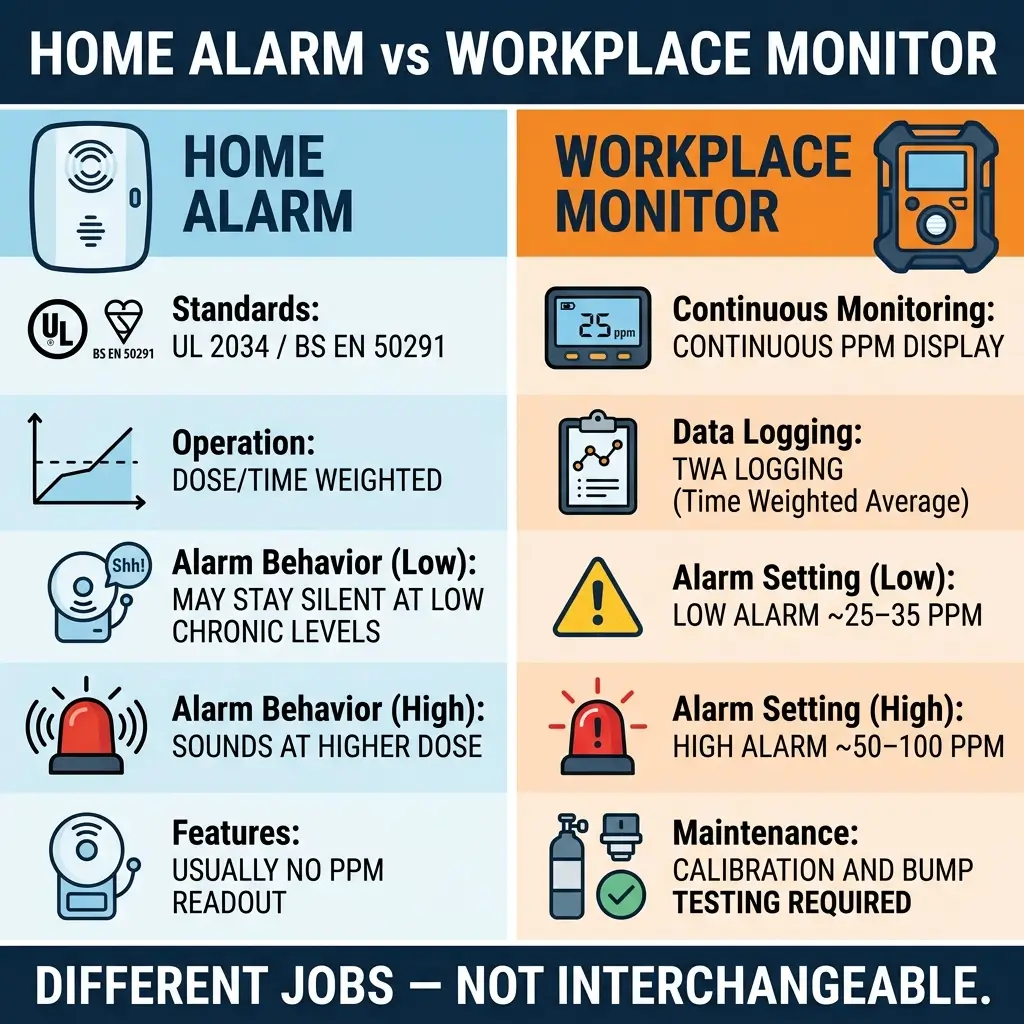 Comparison chart showing differences between home alarm systems and workplace CO monitors, including standards, operation, alarm behaviors, features, continuous monitoring capabilities, data logging, alarm thresholds, and maintenance requirements.