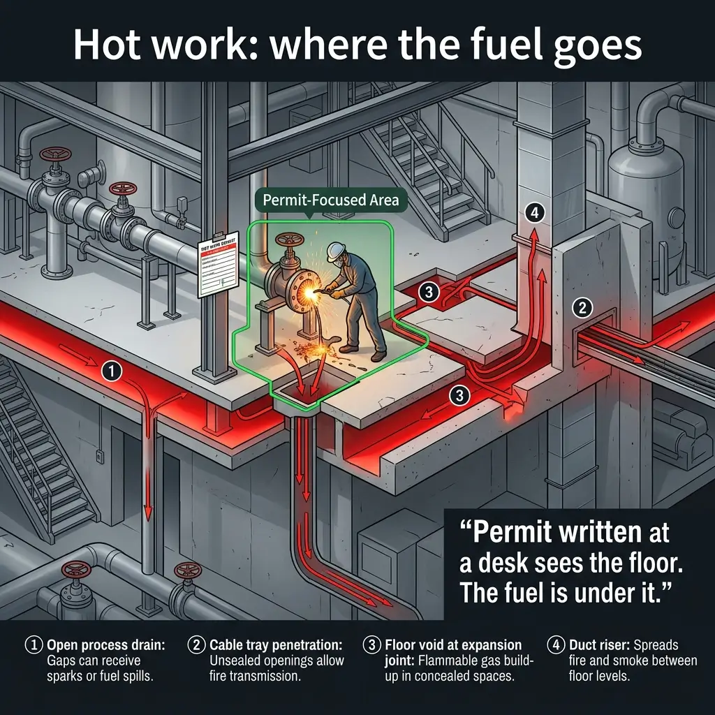 Diagram illustrating hot work fire hazards in industrial settings, showing how fuel spreads through open drains, cable trays, floor voids, and duct risers when permits are issued without floor-level awareness.