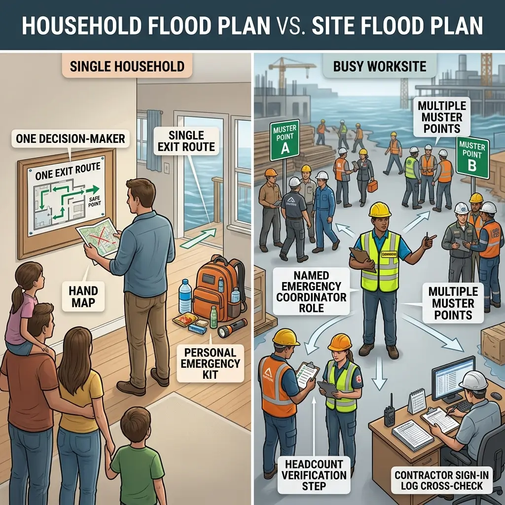 Infographic comparing household flood plans with single decision-maker and one exit route versus site flood plans with multiple muster points, emergency coordinator, and verification procedures.