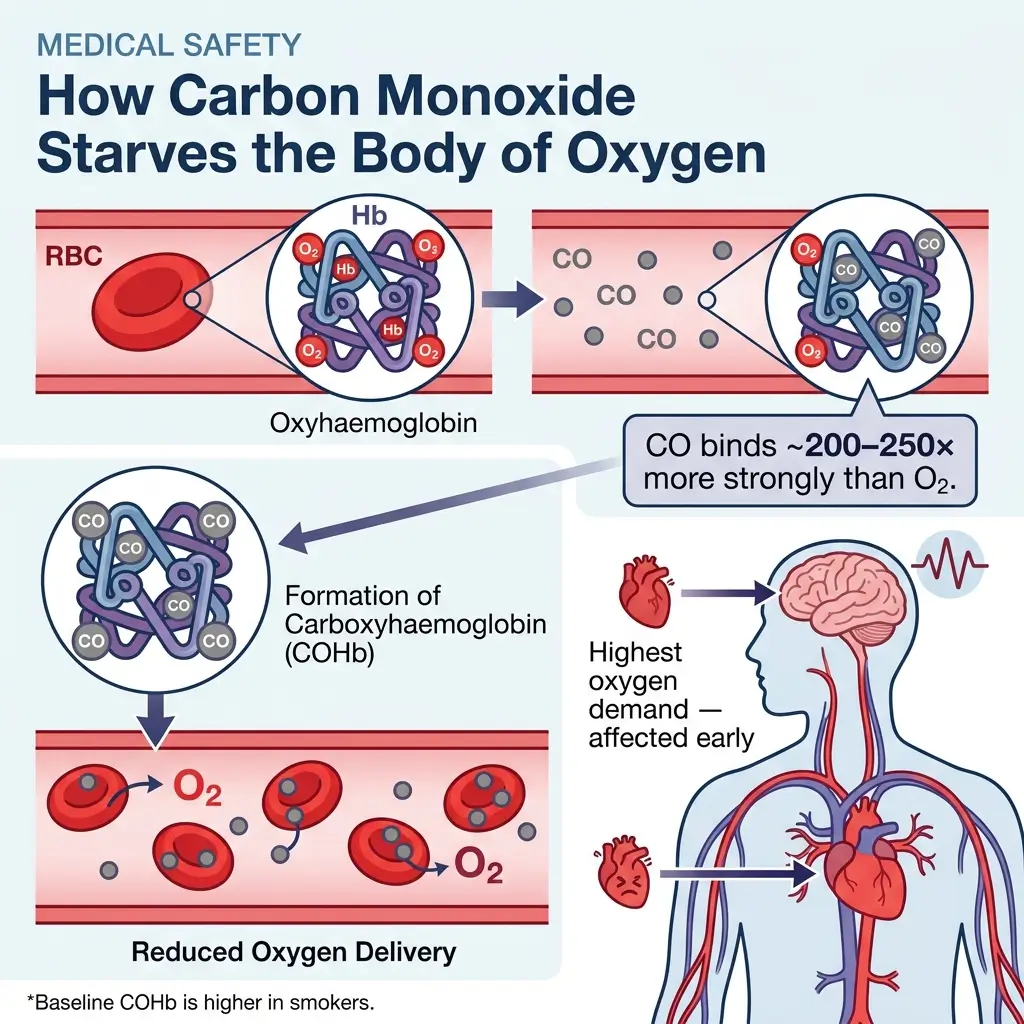 Diagram showing how carbon monoxide binds to hemoglobin 200-250 times stronger than oxygen, forming carboxyhemoglobin and reducing oxygen delivery to organs, particularly affecting the brain and heart.