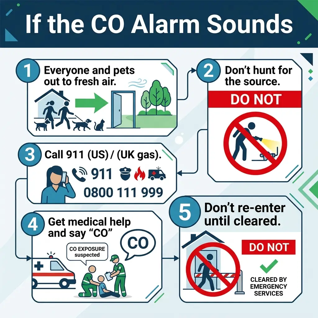 Five-step infographic showing emergency procedures if a carbon monoxide alarm sounds: evacuate to fresh air, don't search for the source, call 911, get medical help and mention CO exposure, and wait for emergency services clearance before re-entering.