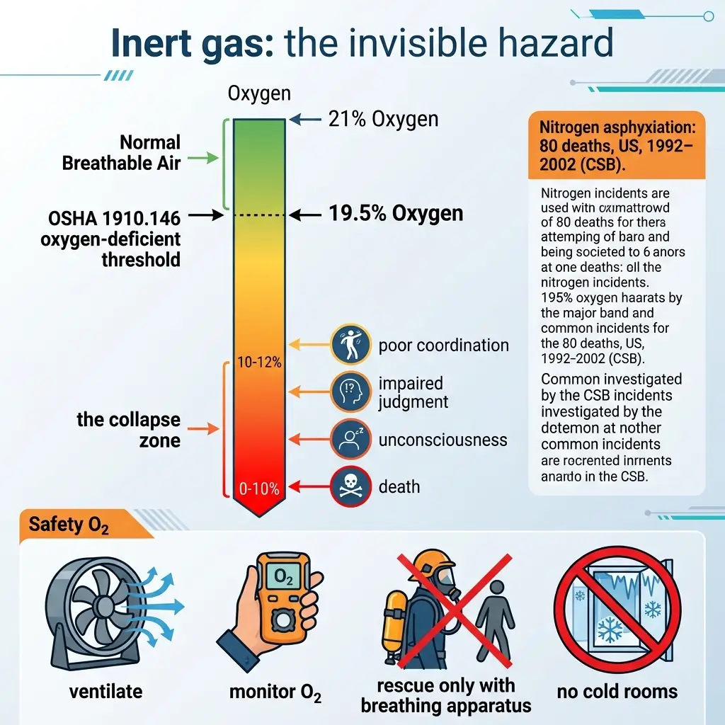 Infographic showing inert gas hazards, depicting oxygen levels in breathable air versus dangerous deficiency zones, with symptoms and safety precautions for nitrogen asphyxiation prevention.