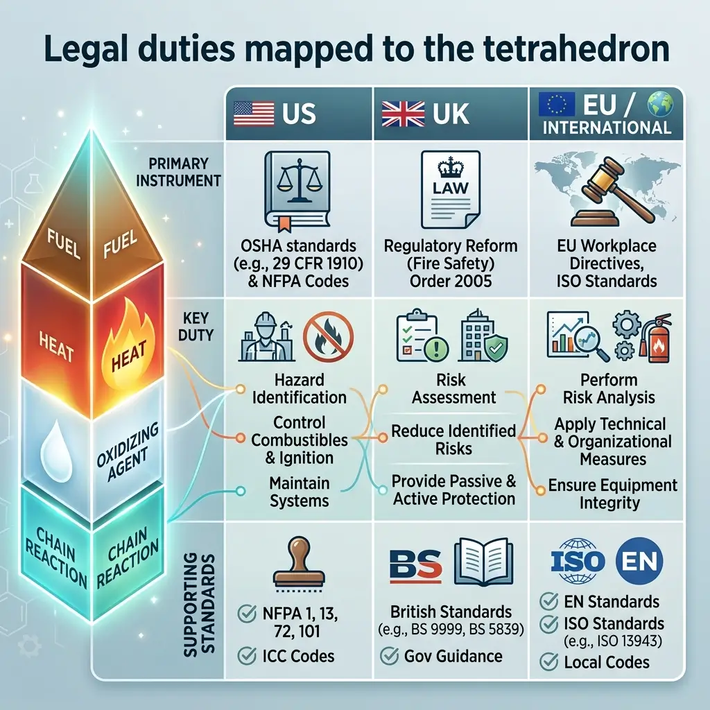 Infographic showing legal duties for fire safety regulations mapped to a tetrahedron, comparing primary instruments, key duties, and supporting standards across US, UK, and EU/international jurisdictions.