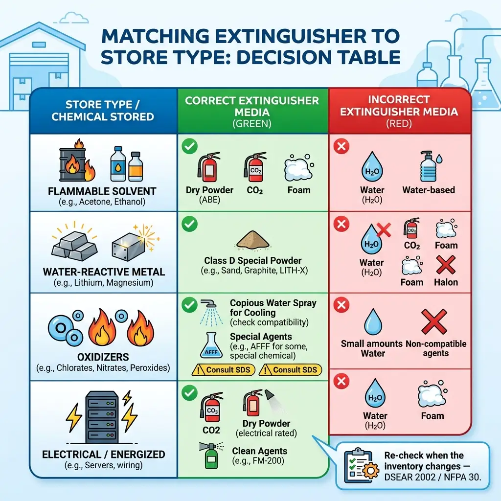 Decision table matching fire extinguisher types to appropriate suppression media, showing correct options in green and incorrect choices in red for flammable solvents, reactive metals, oxidizers, and electrical equipment.